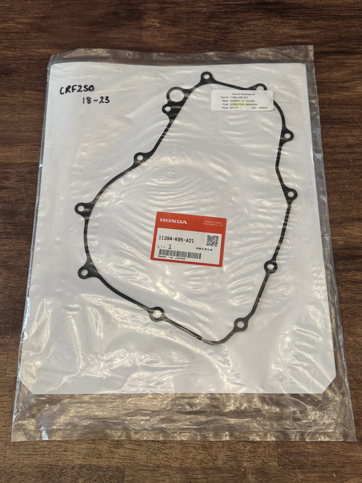 2018-2023 Honda CRF250R OEM Right Cover Gasket 11394-K95-A21 New