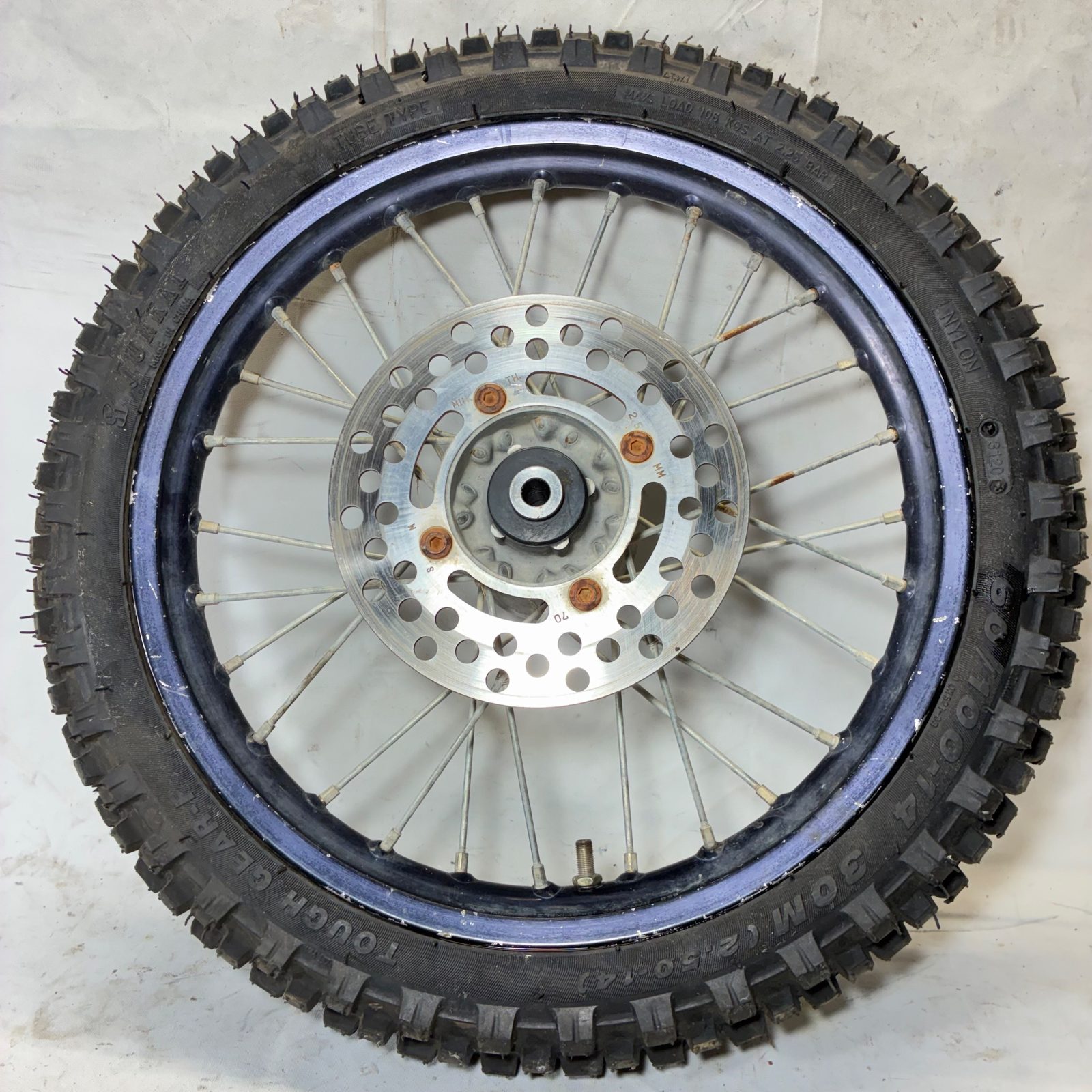 2003 Kawasaki KX65 OEM Front Wheel 14" Rim Hub Spokes Rotor Tire - 21007-1364